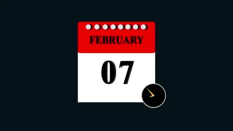 February 7 calendar date reminder with animated clock for business planning.. 스톡 동영상 332896534