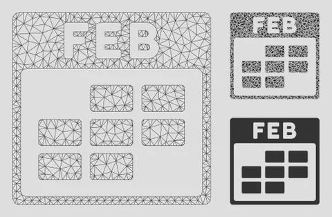 February Calendar Grid Vector Mesh 2D Model and Triangle Mosaic Icon Stock Illustration