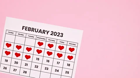 February calendar with hearts on dates. Stop motion valentine's day. Flat lay 스톡 동영상 230729579