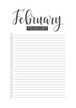 February To Do List. Vector Template. Handwritten lettering. Stock Illustration