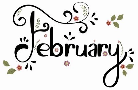 FEBRUARY month vector with flowers and leaves. Stock Illustration