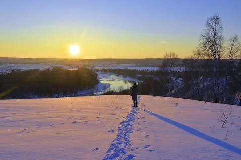 February sunset over the valley of the river Sylva. View from the top of Moun Stock Photos