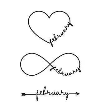 February - word with infinity symbol, hand drawn heart, one black arrow line Stock Illustration