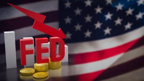 The fed and coin arrow down on USA flag background  3d rendering. Ilustração Stock
