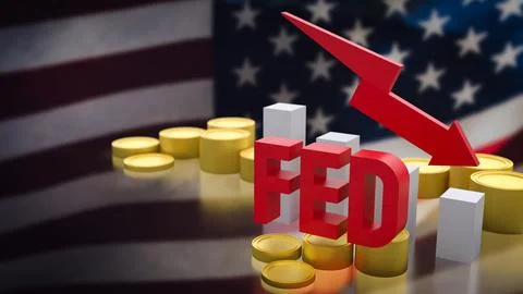 The fed and coin arrow down on USA flag background  3d rendering. Stock Illustration