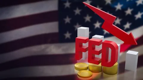 The fed and coin arrow down on USA flag background  3d rendering. Stock Illustration