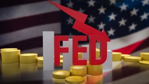 The fed and coin arrow down on USA flag background  3d rendering. Ilustração Stock