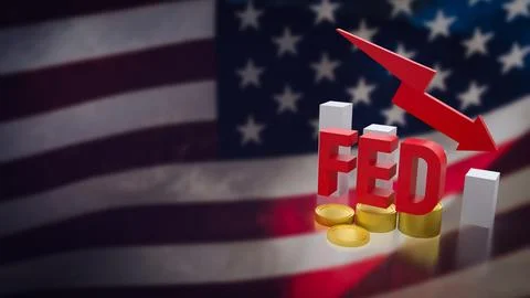 The fed and coin arrow down on USA flag background  3d rendering. Ilustração Stock