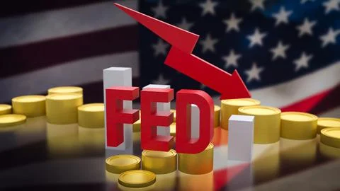 The fed and coin arrow down on USA flag background  3d rendering. Stock Illustration