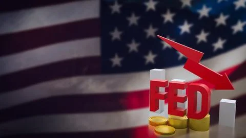 The fed and coin arrow down on USA flag background  3d rendering. Stock Illustration