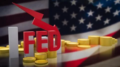 The fed and coin arrow down on USA flag background  3d rendering. Stock Illustration