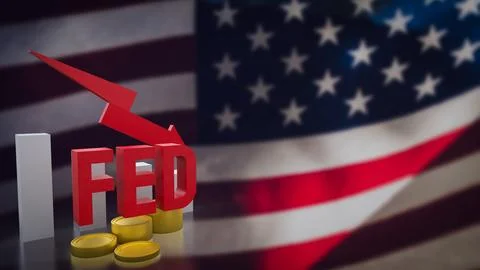 The fed and coin arrow down on USA flag background  3d rendering. Ilustração Stock
