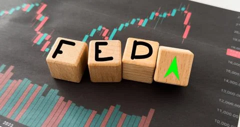 FED wording with up and down arrow on USD dollar banknote for Federal reser.. Stockfoto's