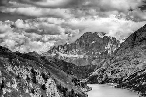 Fedaia lake in Dolomites Stock Photos