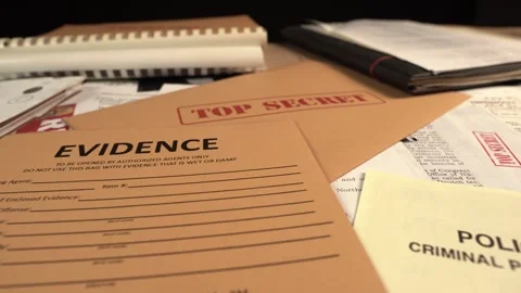 Federal Agent Desk Full of Files and Hand Puts Top Secret Stamp on Paper Stock Footage 328591699