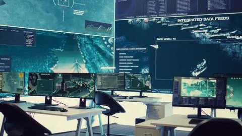 Federal anti terrorism command center with a big screen and radar surveillance Stock Photos