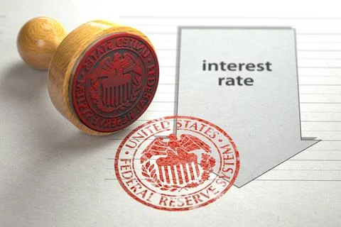 Federal funds rate decrease. Arrow with cut of federal fund rate and stamp... 스톡 사진