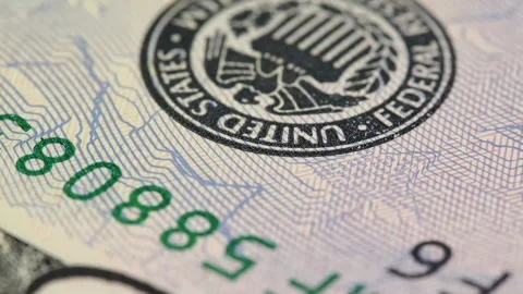 Federal Reserve System Seal on US 50 dollar bill macro slow rotating. Low angle Stock Footage 102136334