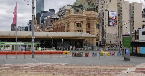 Federation Square and Flinders St Station Empty in Melbourne COVID 19 Video stock 128939444