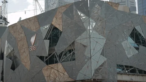 Federation Square Melbourne, Australia. CLOSE UP SHOT of the modern Stock Footage 104428617