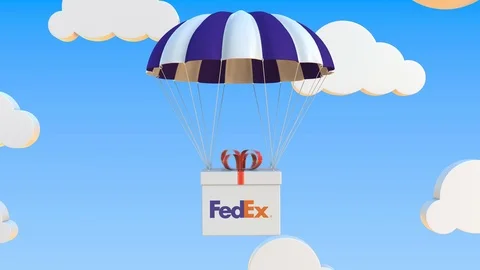 FEDEX logo on moving box moves under parachute. Editorial loopable 3D animation Stock Footage 122880955