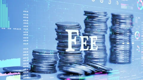 Fee text on coins stack increase with business data hologram. Stock Footage 283435131
