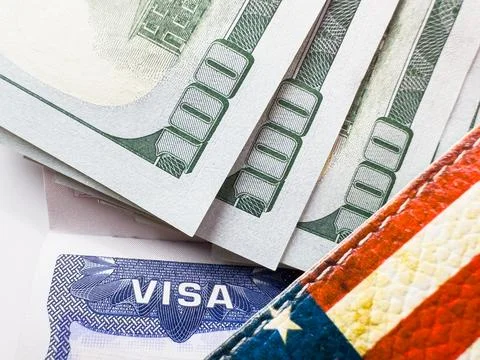 Fee for US visa 250 dollars, USA Visa, Visa in passport, US visa, tour, airport, Foto stock