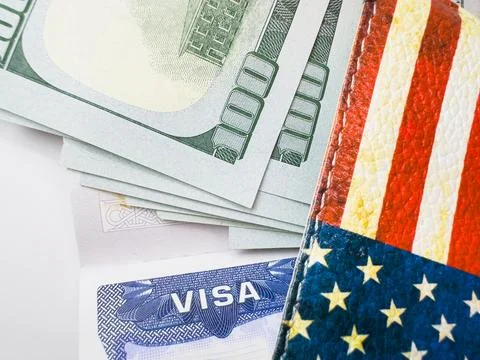 Fee for US visa 250 dollars, USA Visa, Visa in passport, US visa, tour, airport, Foto stock