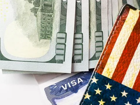 Fee for US visa 250 dollars, USA Visa, Visa in passport, US visa, tour, airport, Stock Photos