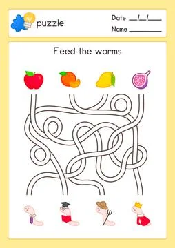 Feed the fruit for worms maze game exercises sheet kawaii doodle vector cartoon Stock Illustration