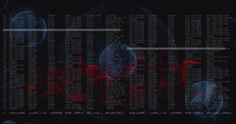On feed start, central globe rotating, pulling red markers, columns appearing, Stock Footage 329836000