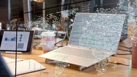 Feed starting data layer moving across laptop tablet charts, cam panning right, Stock Footage 337913022
