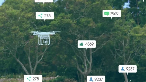Feed starting, white drone hovering over lawn, icons appearing, clustering, Stock Footage 331871692