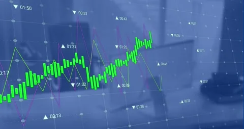 On feed tick, chart overlay updating, shifting while candles dipping, rising, Stock Footage 326994298