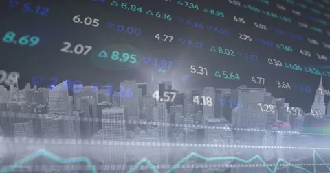 Feed updating over skyline, numbers, deltas and line shifting, light band Stock Footage 328485584