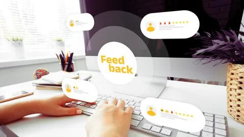 Feedback and reviews presented on a computer screen during online interaction Stock Photos
