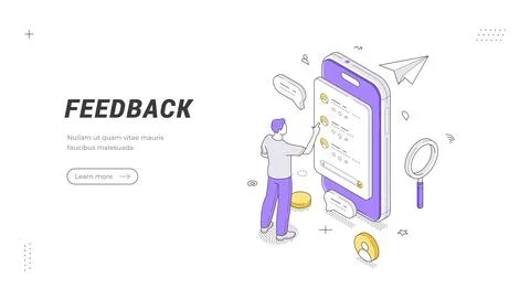 Feedback banner template. Isometric vector illustration of a person analyzing 스톡 일러스트