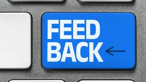 Feedback button on a computer keyboard, showing a blue key with the word Stock Photos