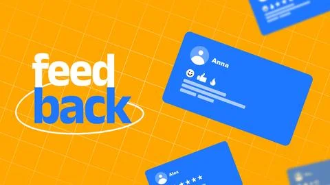 Feedback cards display user comments and ratings on a bright orange background Illustrazione stock