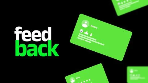 Feedback cards with user comments floating over a black background Stock-Illustration