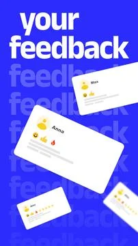 Feedback cards with user names, ratings, and symbols displayed on a blue Stock Photos