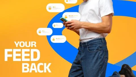 Feedback collection on a smartphone while standing against an orange background Stock Photos