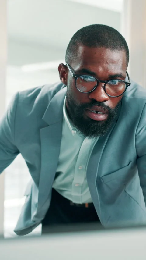 Feedback, computer and businessman with glasses in office, data analysis and Stock Footage 330531812