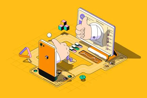 Feedback concept 3d isometric outline web design. Clients leave high rating Stock Illustration