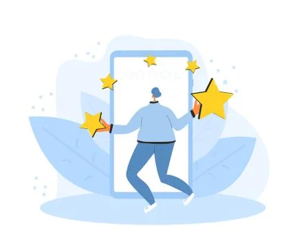 Feedback concept. Client review. Man holding stars in his hands. Teenager jug Stock Illustration
