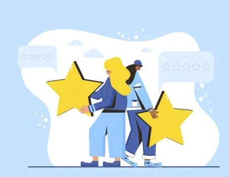 Feedback concept. Client review. Pretty young women in casual clothes holding Stock Illustration