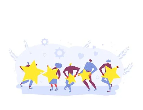 Feedback concept. Happy clients standing  and dancing with mark symbols. Peop Ilustración de archivo