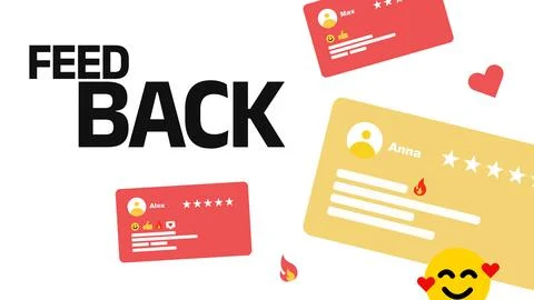 Feedback on customer experience and service from users with rating cards and Stock Photos