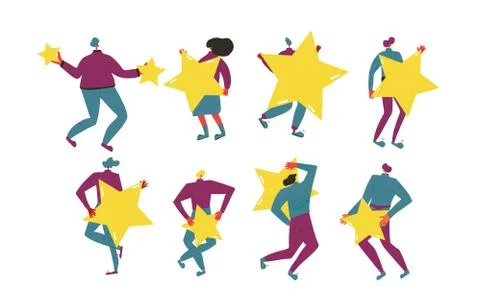 Feedback elements. Client review. People holding stars in their hands set iso Ilustración de archivo