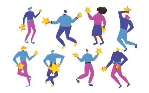 Feedback elements. Client review. People holding stars in their hands set iso Ilustración de archivo
